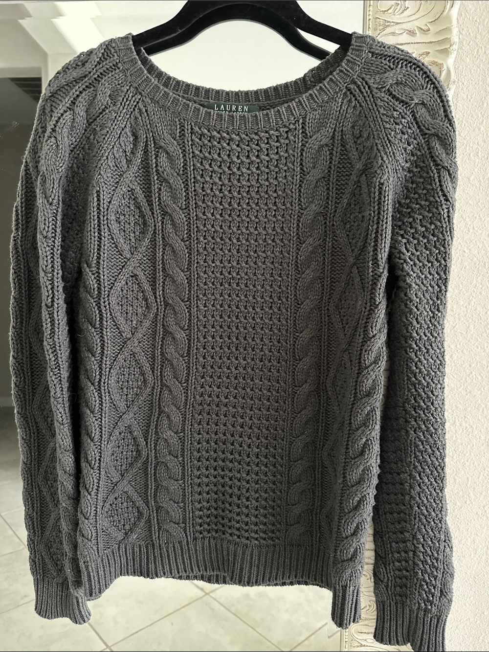 Lauren Ralph Lauren Charcoal Gray Cable Knit Crewneck Fitted Sweater